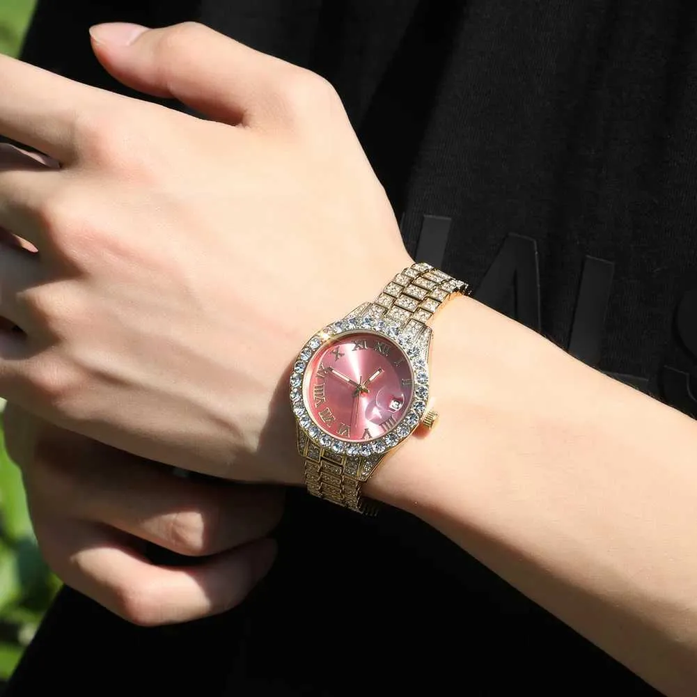 Uwin Womens Small Dial Quartz Wrist Watch Gold Nylon Band Pink Iced Out ...