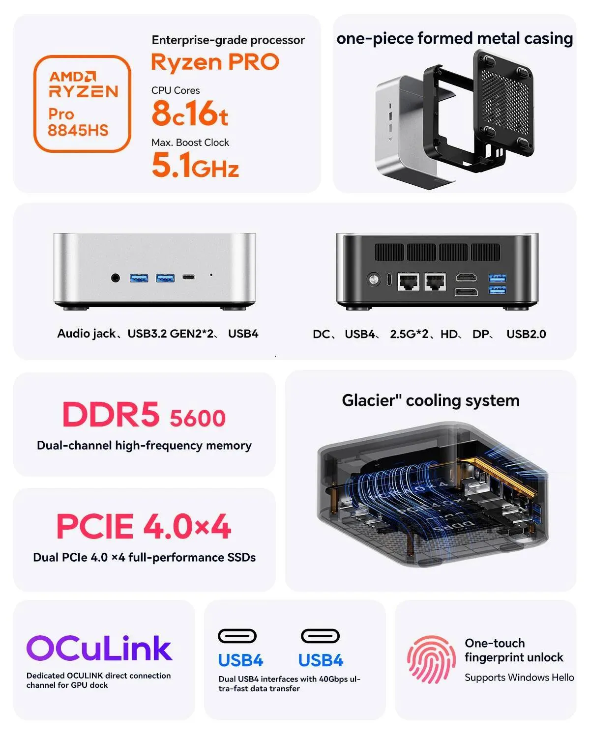 ☆ DHgate AOOSTAR MACO 미니 PC AMD Ryzen 7 PRO 8845HS 듀얼 DDR5 5600MHz SSD  PCIe40 WiFi 6 BT 52 듀얼 25G LAN OCulink 데스크탑 컴퓨터 | 신상품 바로 구매