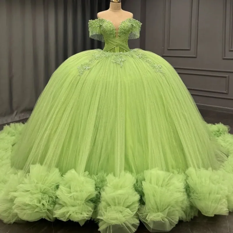 Luxury Sage Green Appliqué Lace Quinceañera Prom Gown Tulle main image 1
