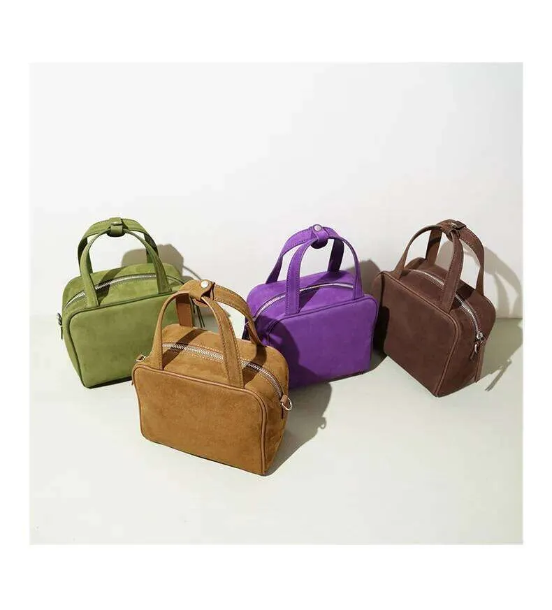 Schoudertas bowling voor dames van echt leer en suède retro stijl_voghion.com