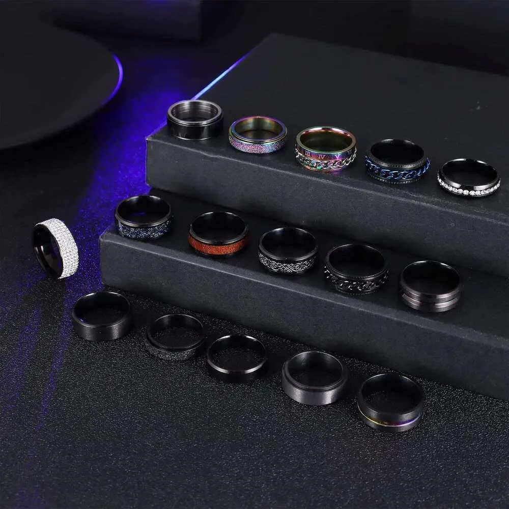 16-teiliges Set aus Edelstahl-Fidget-Spinnern für Damen und Herren zur Linderung von Angstzuständen, mit coolen Ketten, abgeschrägten Kanten und keltischem, schwarzem Band – ideal für Hochzeiten_voghion.com