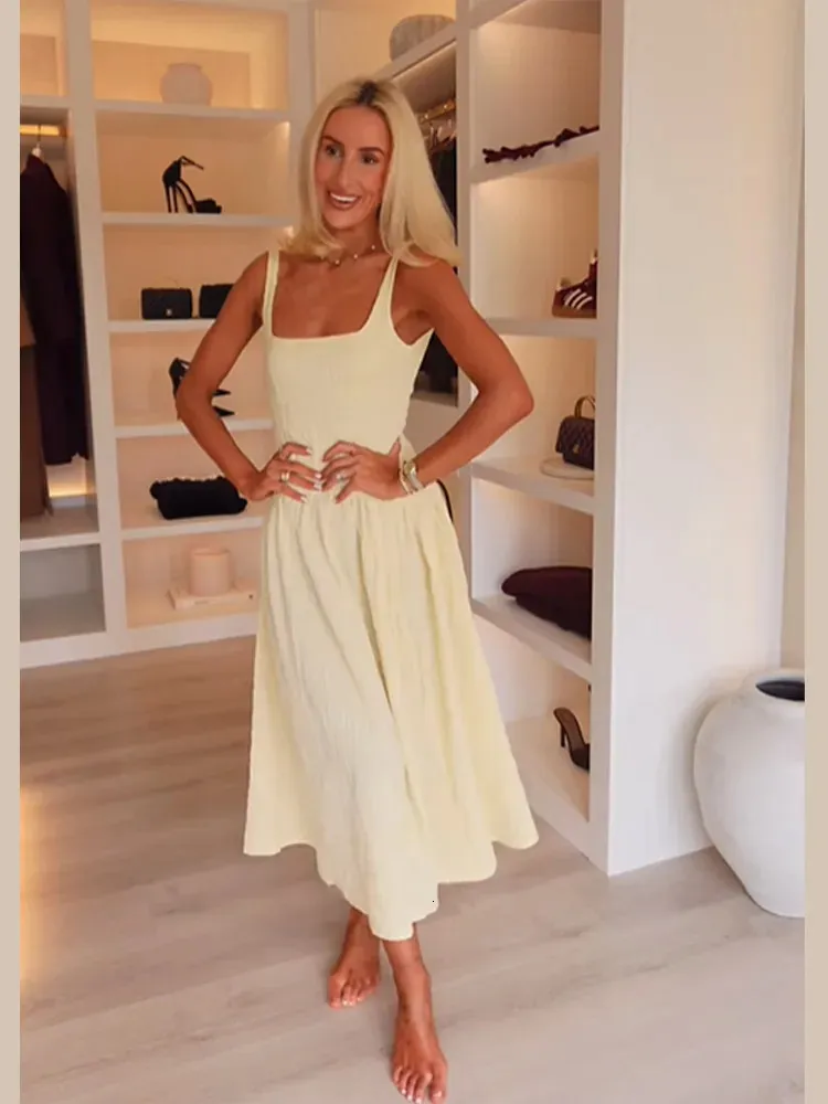 Yellow High-Waisted Long White Slip Dress for Women - Fashionable Square Neckline, Ultrathin, Perfect for 2022 Summer Parties - Vestidos 250324