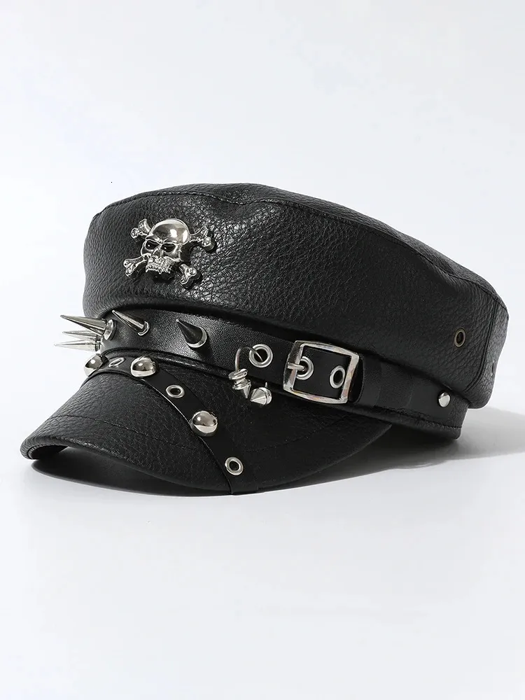 Black Leather Military Hat With Skull Rivet Womens... From  display picture 2