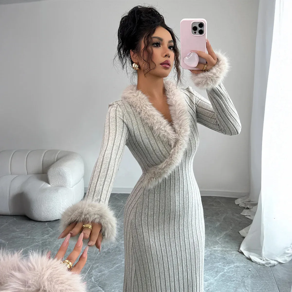 Autumn Winter Knitted Maxi Dress Women Fashion Long Sleeve Bodycon Slim Fur  Collar Party Pencil Sweater Dresses Elegant 251028