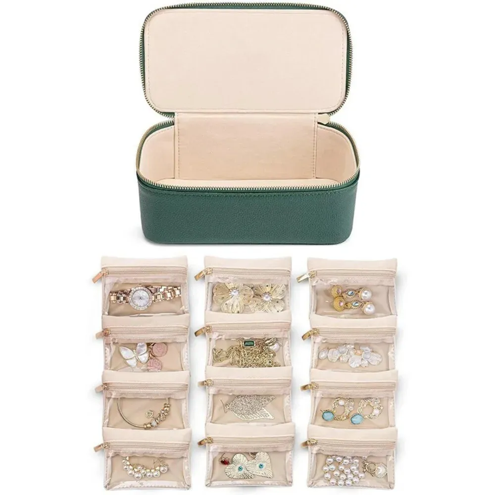 XFSRG Mini Scatola Portagioie in Vera Pelle Piccolo Portatile Portagioie da Viaggio con Chiusura a Bacio per Anello Collana Orecchini Braccialetti Regalo per Donne Ragazze (Beige