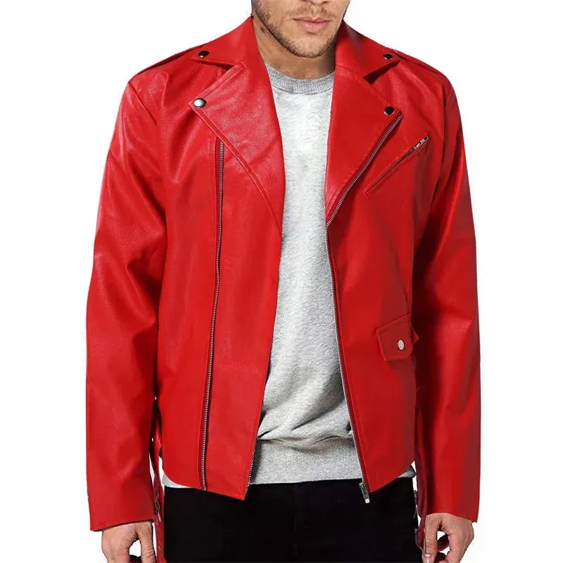 Men Solid Leather Biker Jacket Red Oblique Zipper From Keng02