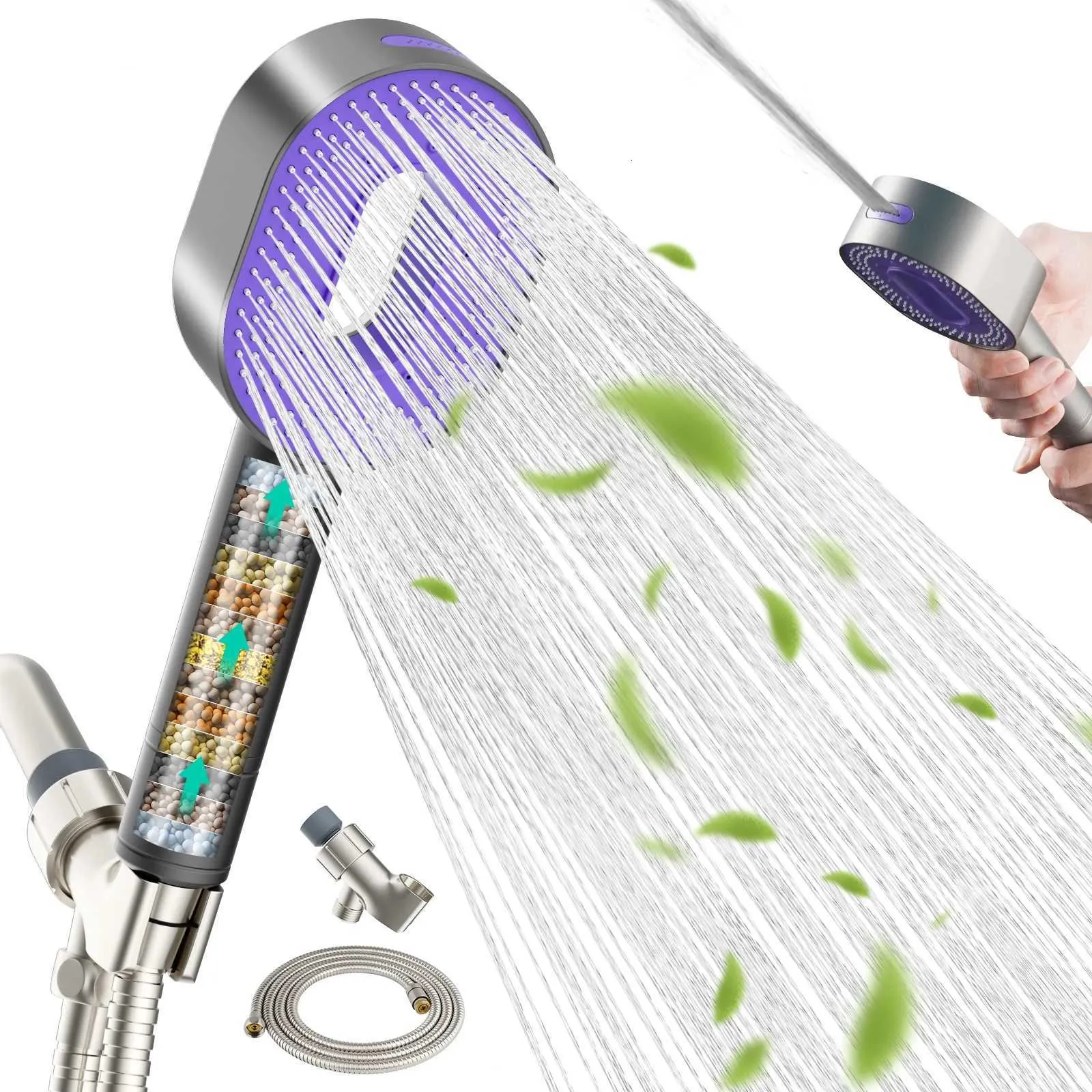 Fitered Soffione Doccia Manopola Con Filtro Acqua Dura | Alta Pressione 3 Get + Pausa | Con 2 Filtri E Tubo Lungo