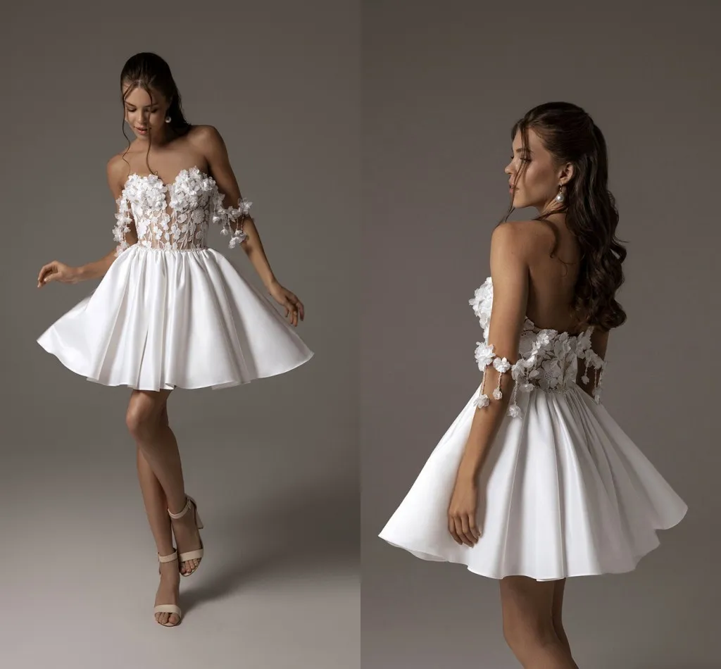 Short White Satin Wedding Dress with 3D Floral Lace Off-Shoulder Mini ...