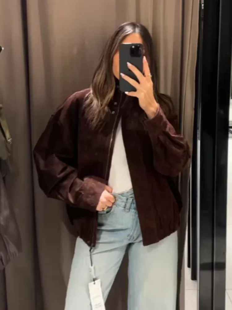 Vintage Brown Suede Short Jacket Women Elegant Stand From 34,06
