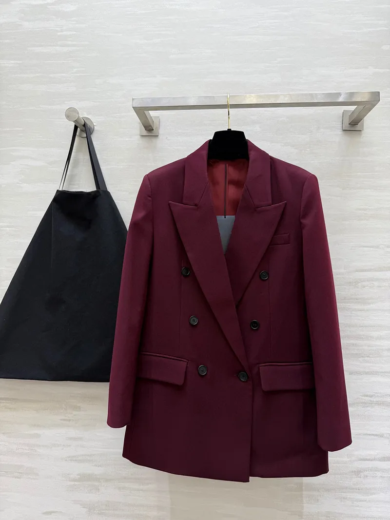 WS5N03 Wine Red Blazer Womens Double Breasted Notched Lapel Long Sleeve ...