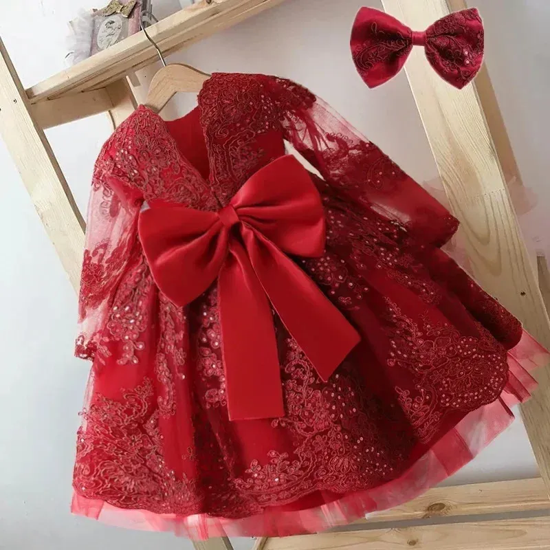 long sleeve first birthday dress Long Sleeve Sequins Knee Length 1st Birthday Girl Dress J359 Pink / child-2