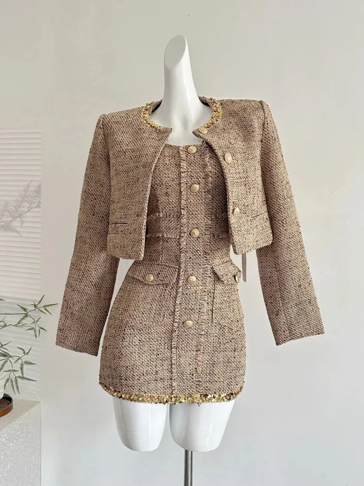 French Vintage Small Fragrant Tweed 2 Piece Set for Women - High Quality Fashion Ladies Tweed Jacket, Coat, and Dress Suit Outfit (251107)