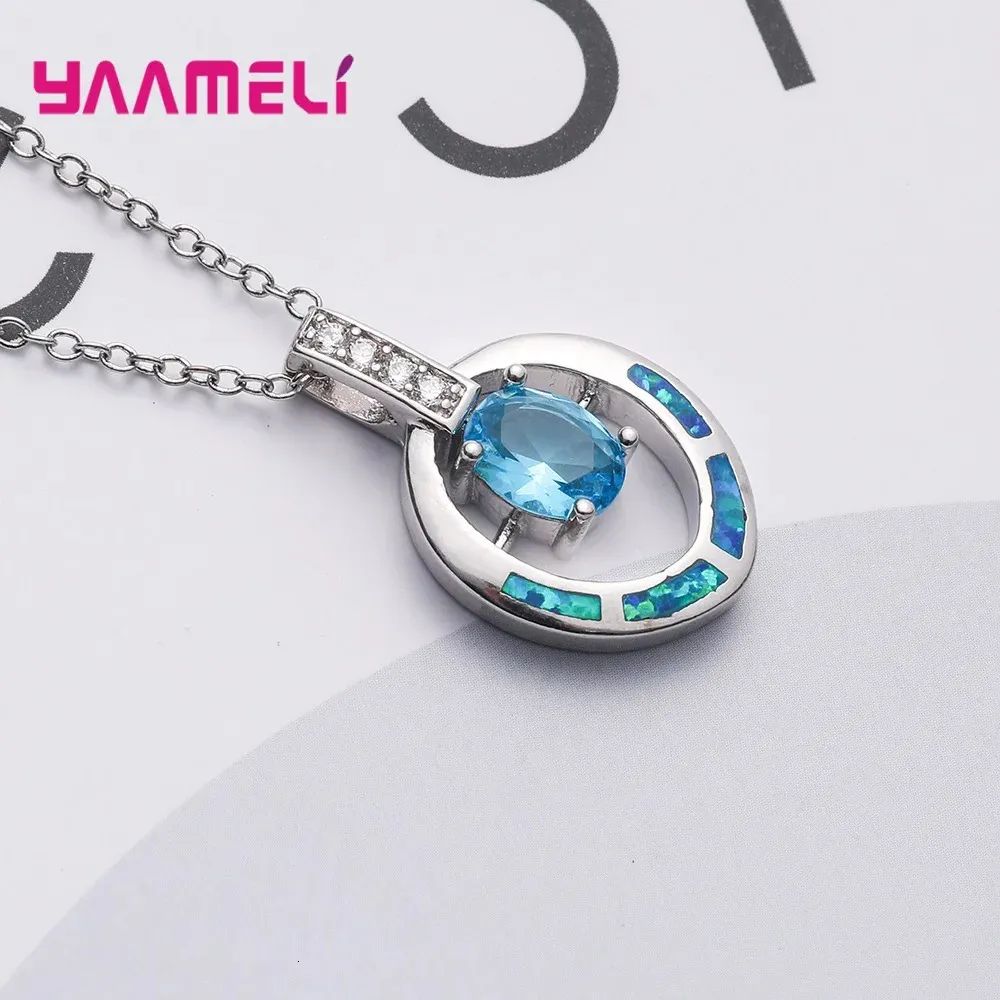 Cute Sea Blue Fire Opal Pendant Necklace Suitable For Women 925 Sterling Silver Austrian Crystal Oval Stone Party Accessories Jewe_voghion.com