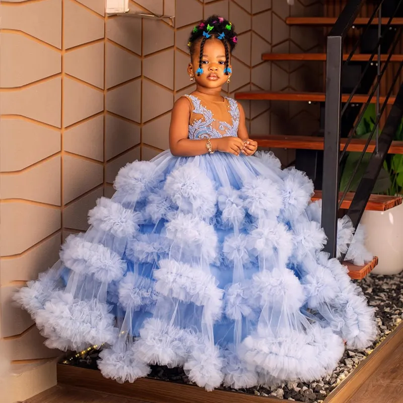 2025 Aso Ebi Blue Flower Girl Dress, Children's Birthday Dress, Illusion  Feather Sheer Neck, Appliqued Lace Tiered Tulle Princess Queen Ball Gown  For