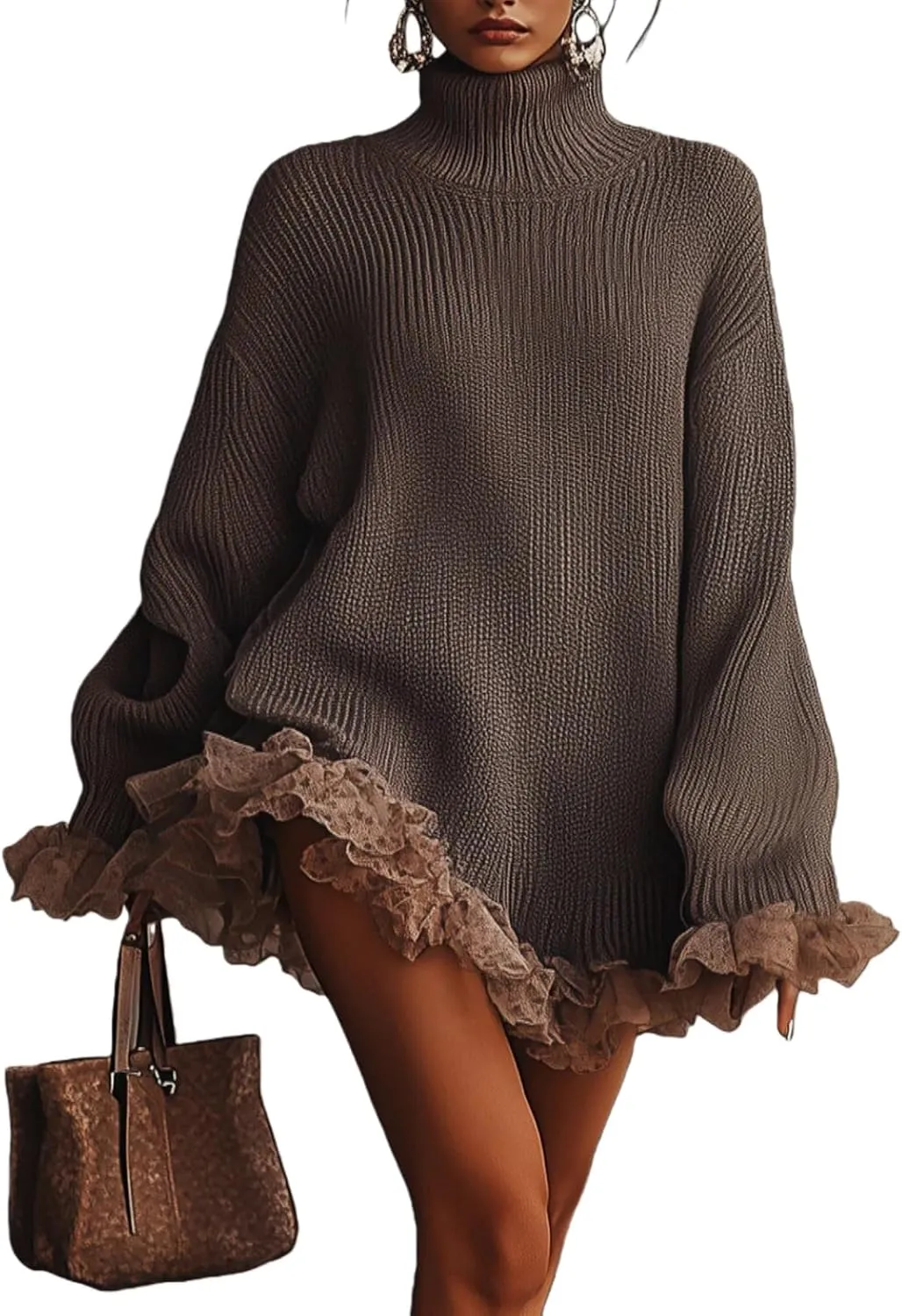 Brown Ruffled Hem Turtleneck Sweater Dress Oversized Knit Sweaters for  Leggings Pullover Knit Winter Dresses