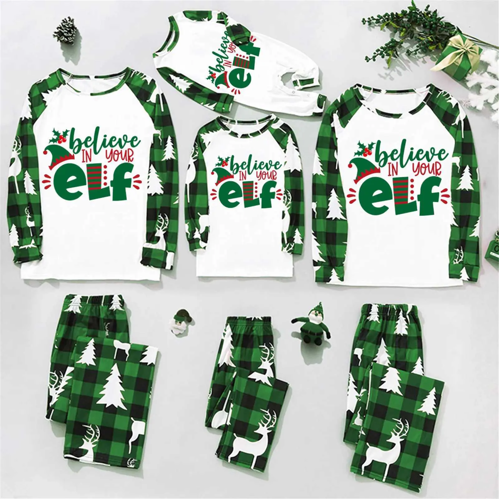 Family Christmas Pajamas Set Elf Print Full Sleeve Pullover Sleepwear ...