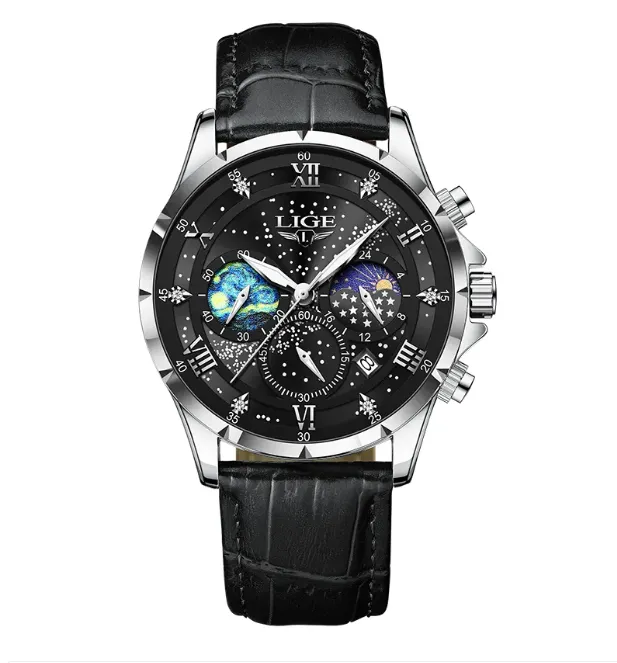 LIGE Orologio Uomo Sportivo Militare Cronografo Al Quarzo, Cinturino In Pelle Nera, Quadrante Argento, Impermeabile 30m