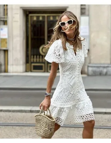 Femme White Lace Dress Sexy Hollow Out Bodycon Short Dress Flare Sleeve A-Line Summer Vestidos Elegant Button Down Robes 250403 Femme White Lace Dress Sexy Hollow Out Bodycon Short Dress Flare Sleeve A-Line Summer Vestidos Elegant Button Down Robes 250403