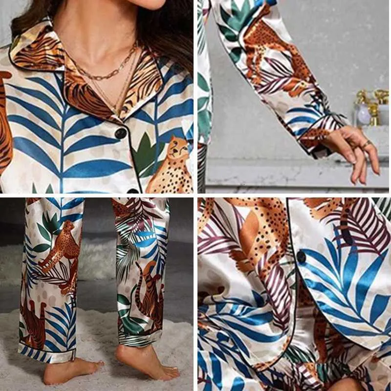 Women's two-piece acrylic pajamas set with long-sleeved satin printed ...
