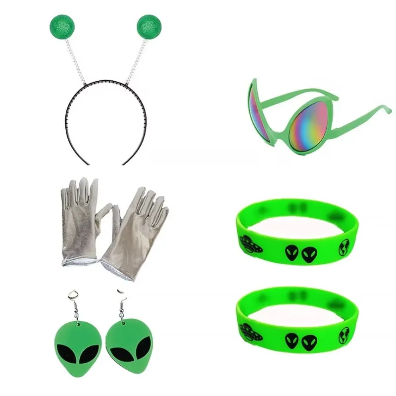 Set De 5 Accesorios Para Disfraz De Alien – Pendientes, Gafas, Guantes, Collar Y Tocado – Ideal Para Halloween, Fiestas Temáticas Y Cosplay – Look Extraterrestre Brillante