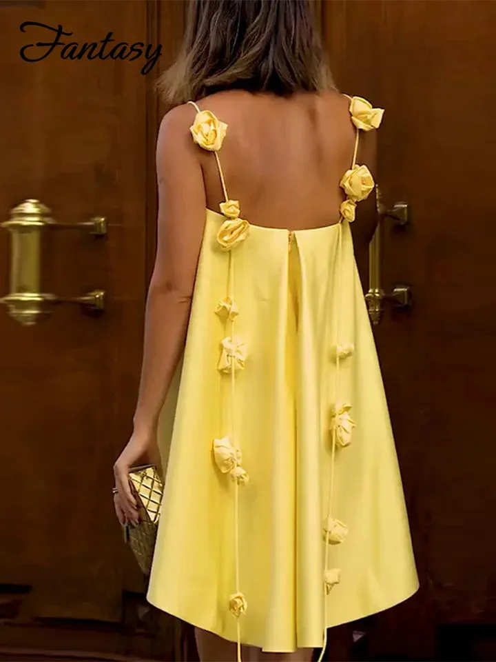 Yellow 3D Flower Spaghetti Strap Mini Yellow Dress for Haldi - Elegant Backless A-Line Party Yellow Dress for Haldi for Women, Perfect for Spring and