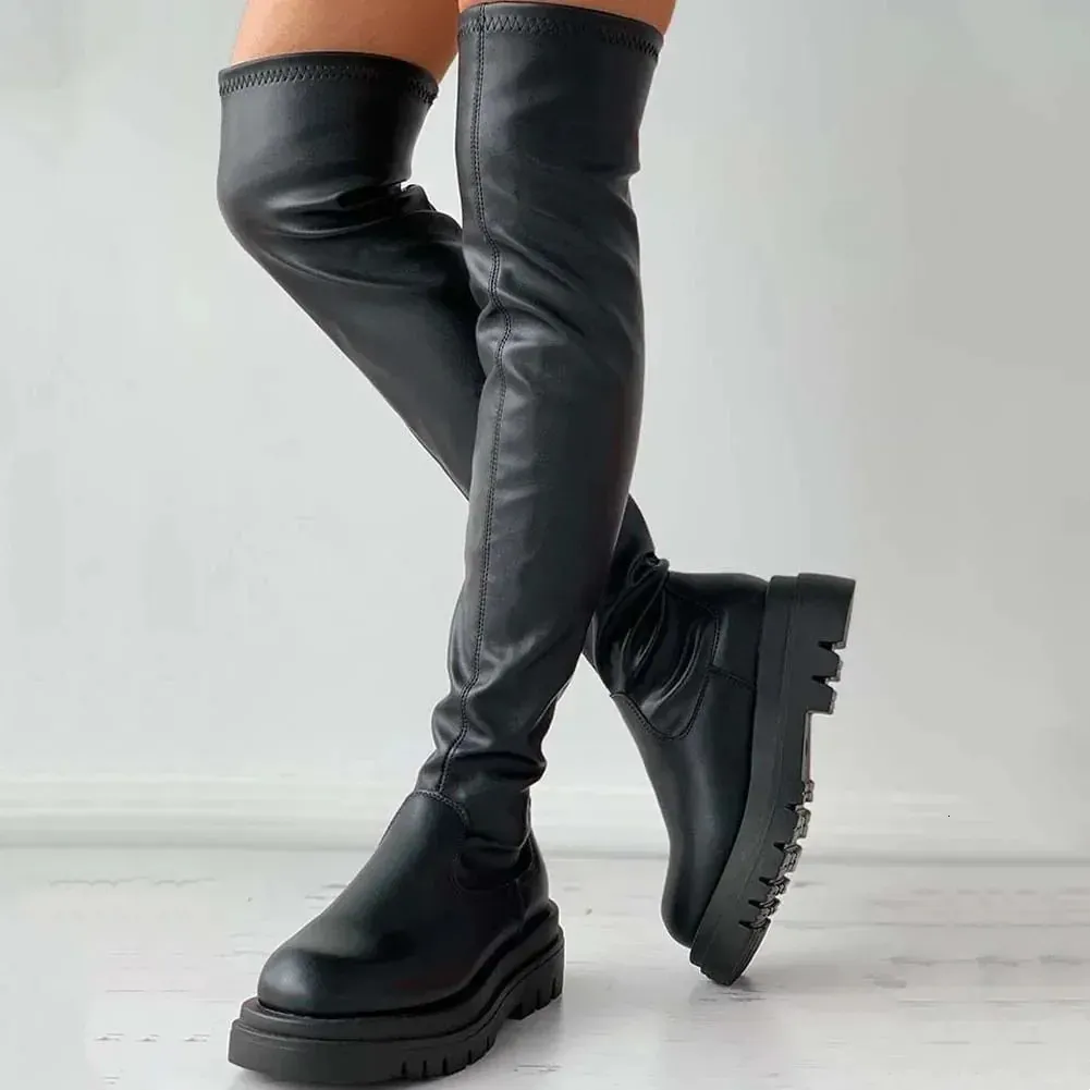 Chunky Heel Platform Thigh High Chunky Knee High Boots For Women ...