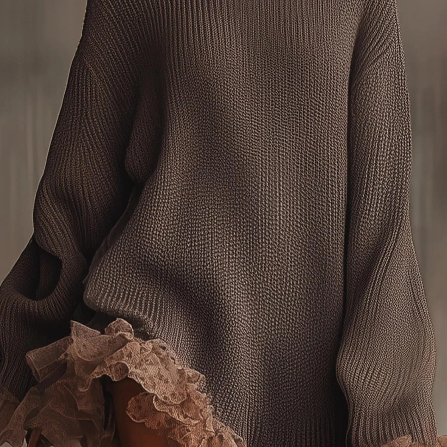 Brown Ruffled Hem Turtleneck Sweater Dress Oversized... From 46,7  | DHgate