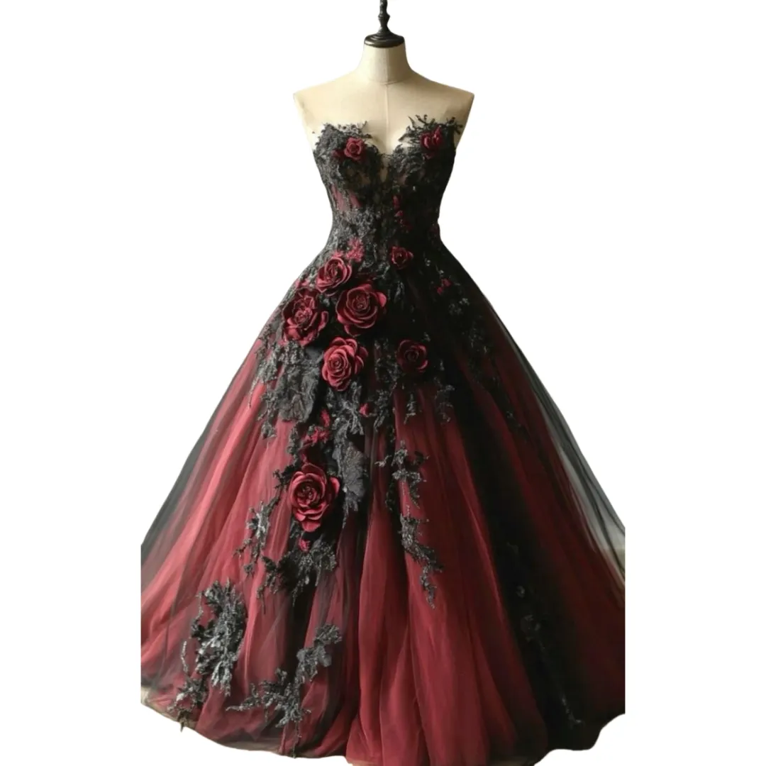 maroon and black lace dress Floor Length Burgundy Prom Dress with Slit