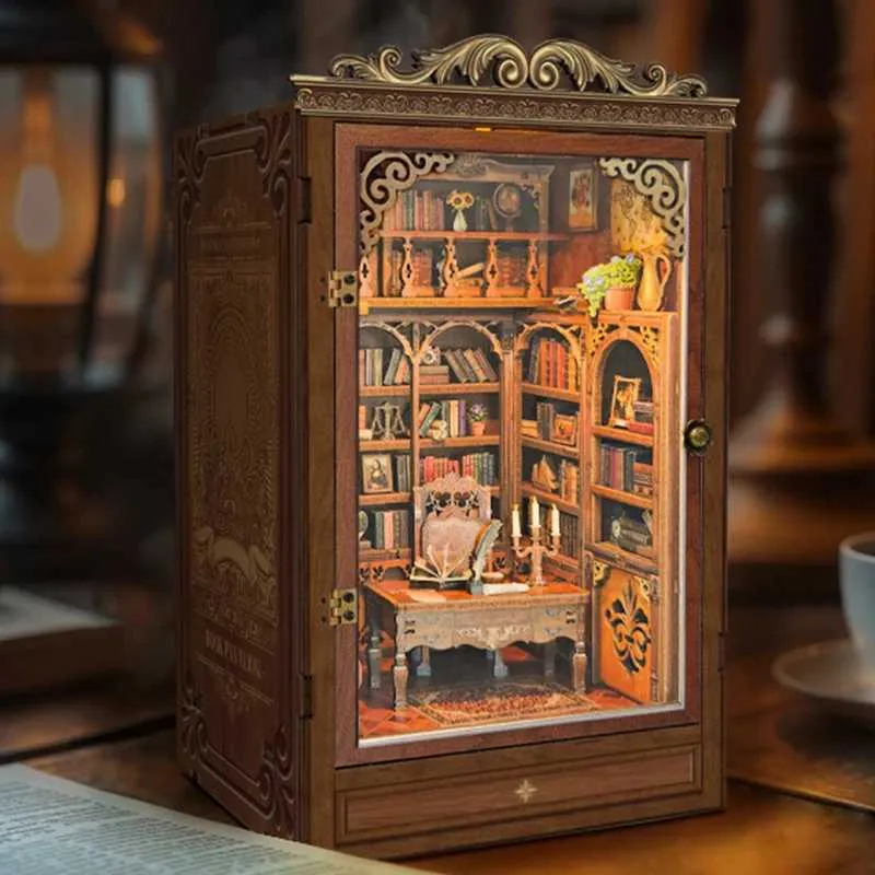DIY Book Nook Shelf Insert Wooden Miniature Model Kit With Lights Time ...