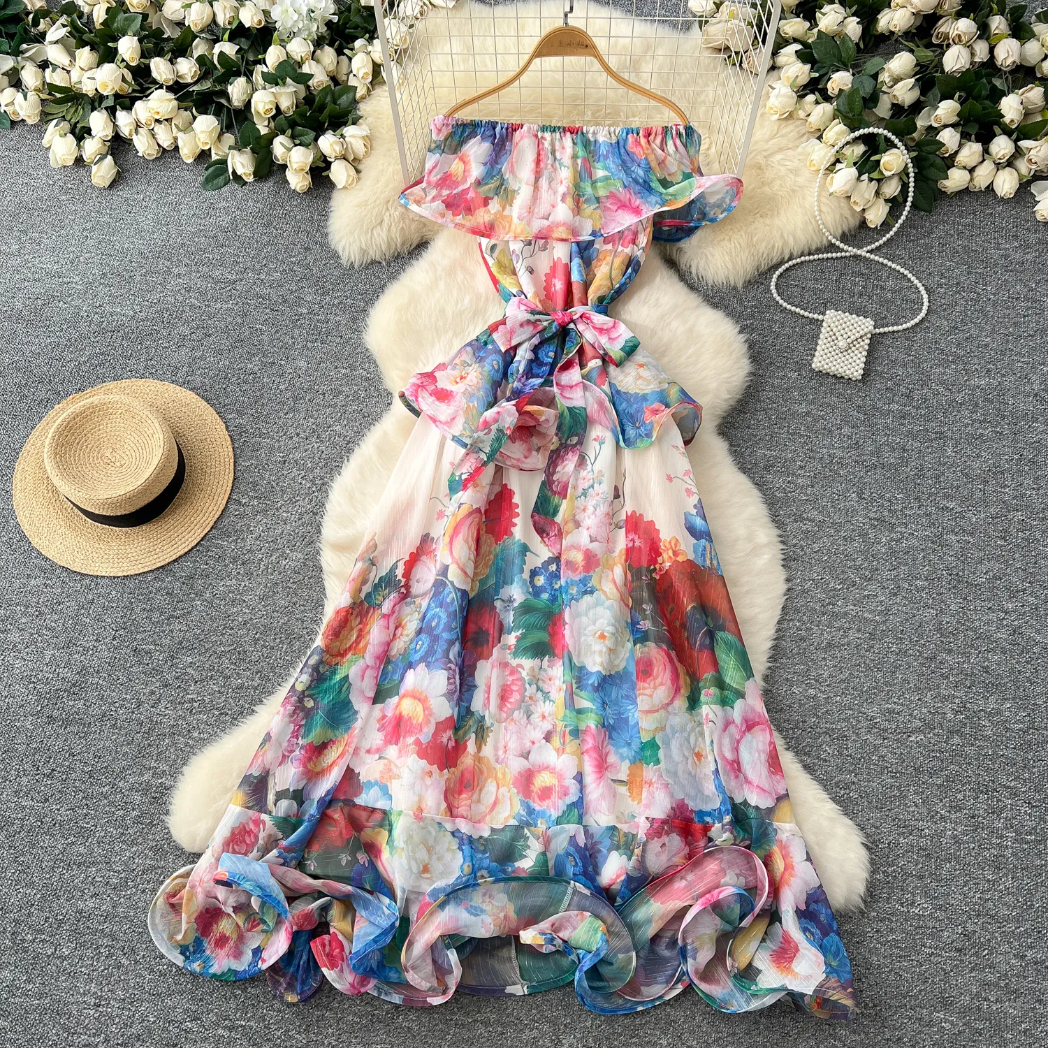 Casual Dresses Vintage 2025 Summer Bohemian Mid-Calf A-Line Satin Faux Leather  Dress with Ruffles Off Shoulder Floral Print Lace Up Belt from Dhgate Basic  & Casual Dresses - price 36.19