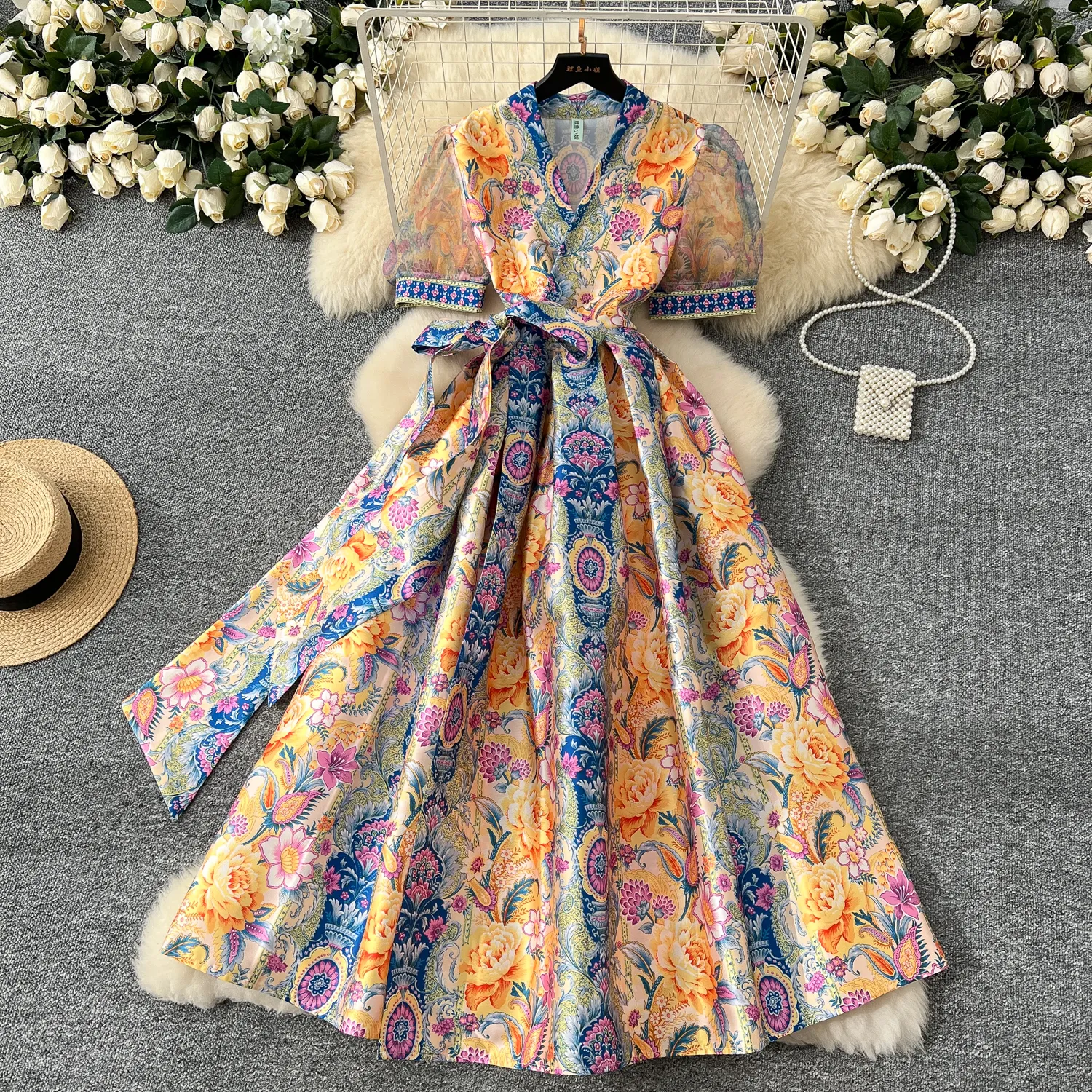 chinese dress ladies Melon Maxi Dress With Short Sleeves