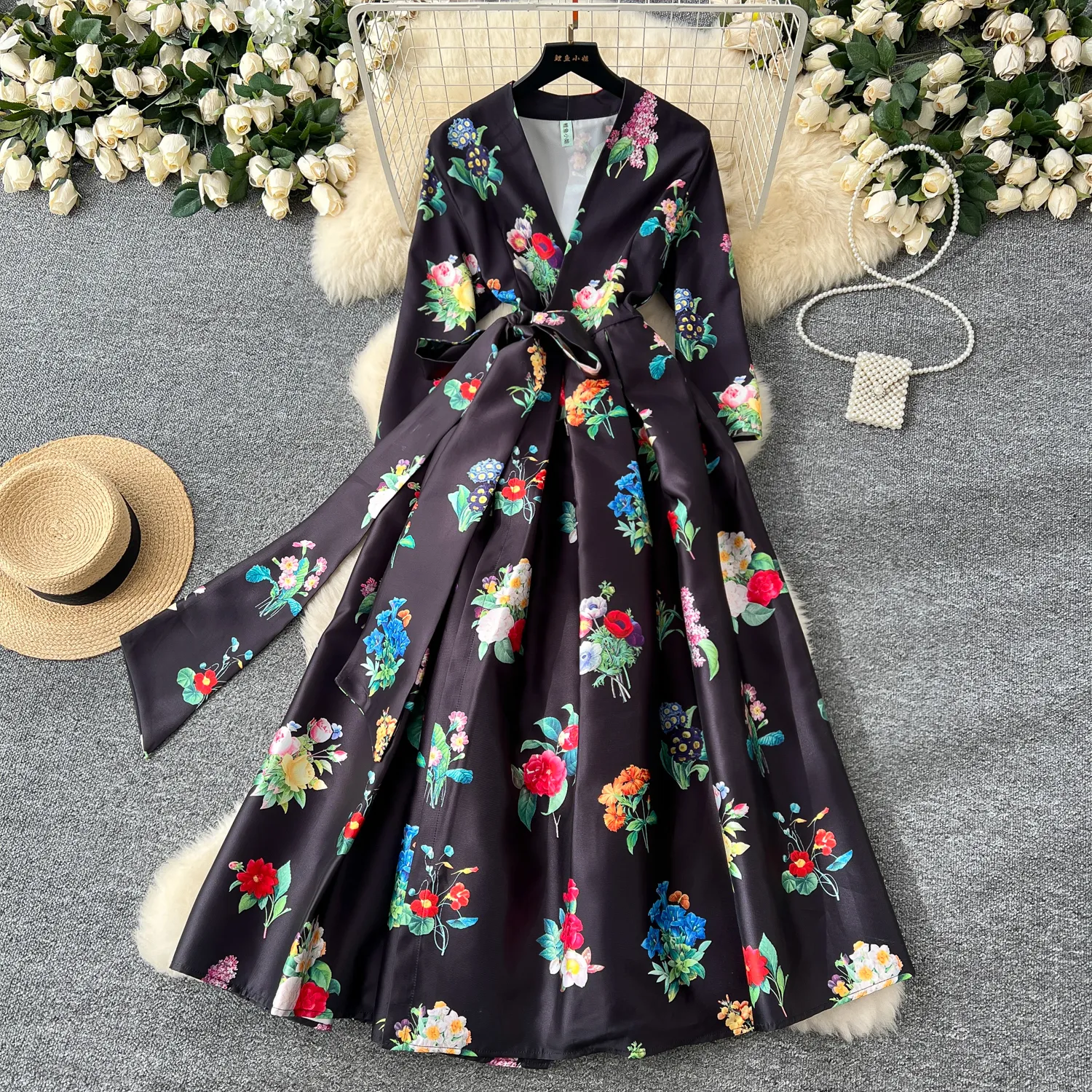 chinese dress ladies Long Floral Drawstring Dress with Shirred Waist – Cottagecore Spring  Aesthetic main image 1