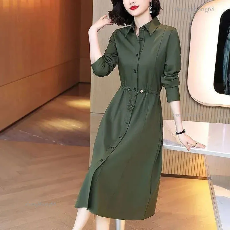 Elegant Khaki Satin Mid Dress with Turn-Down Collar, Long Sleeves, Drawsting Pockets, and Silk formal shirts for Women for Women - Perfect for Casual Elegant Khaki Satin Mid Dress with Turn-Down Collar, Long Sleeves, Drawsting Pockets, and Silk formal shirts for Women for Women - Perfect for Casual