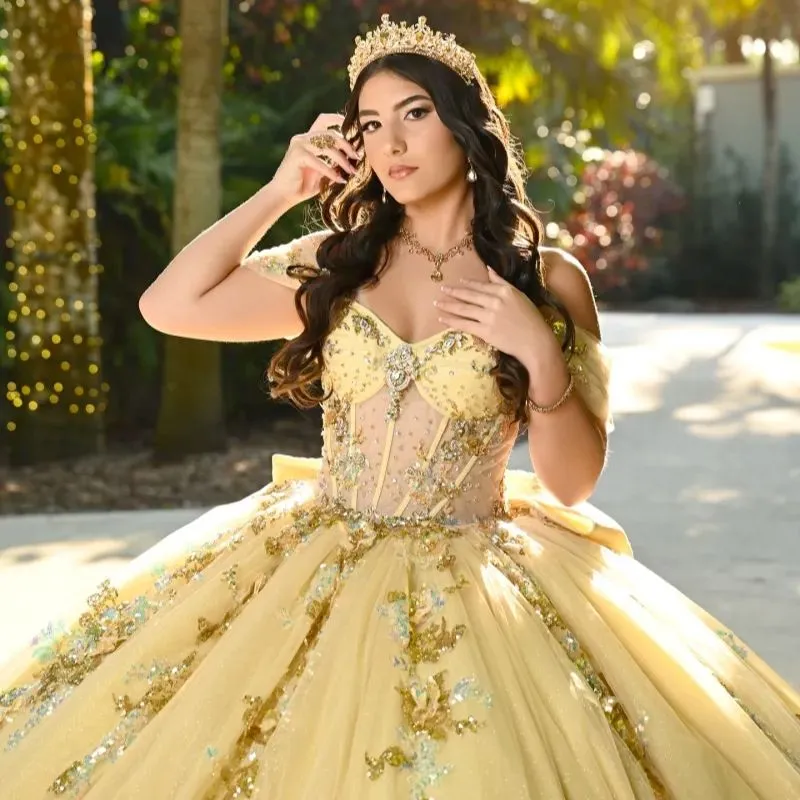 Yellow Shiny Princess Sweet 16 Dress Quinceanera Dresses Sequin Applique Lace Beading Corset Tull Party Birthday Vestidos 15 de Anos