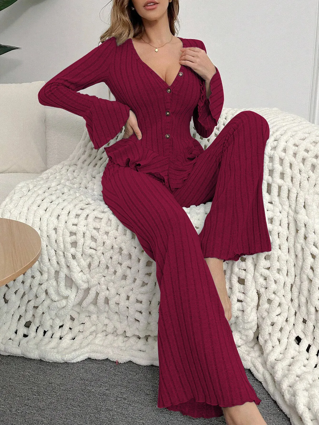Women Acrylic Knit Two-Piece Pajamas Set V Neck Long Sleeve Top and ...