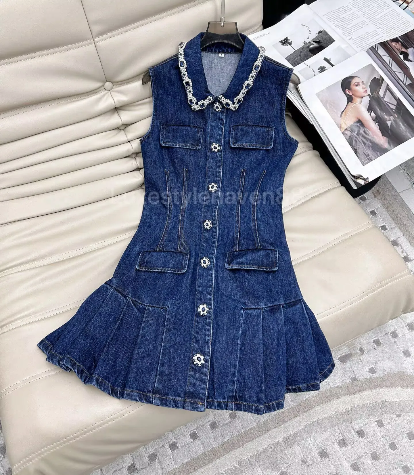 white christmas dresses Linez Embellished Denim Dress – Retrofete main image 1