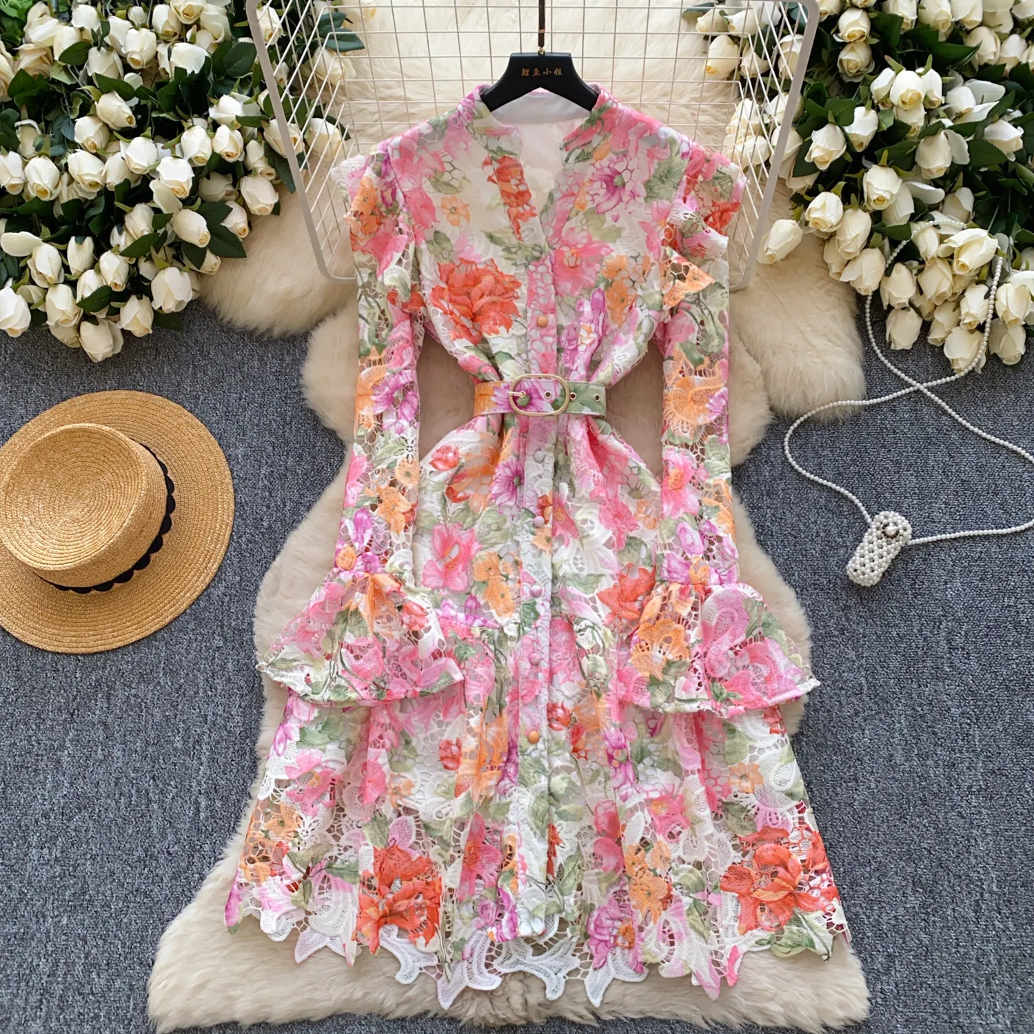 fitted lace wedding dress Floral Embroidered Lace Midi Dress Women Hollow Out Puff Ruffle Long S main image 0