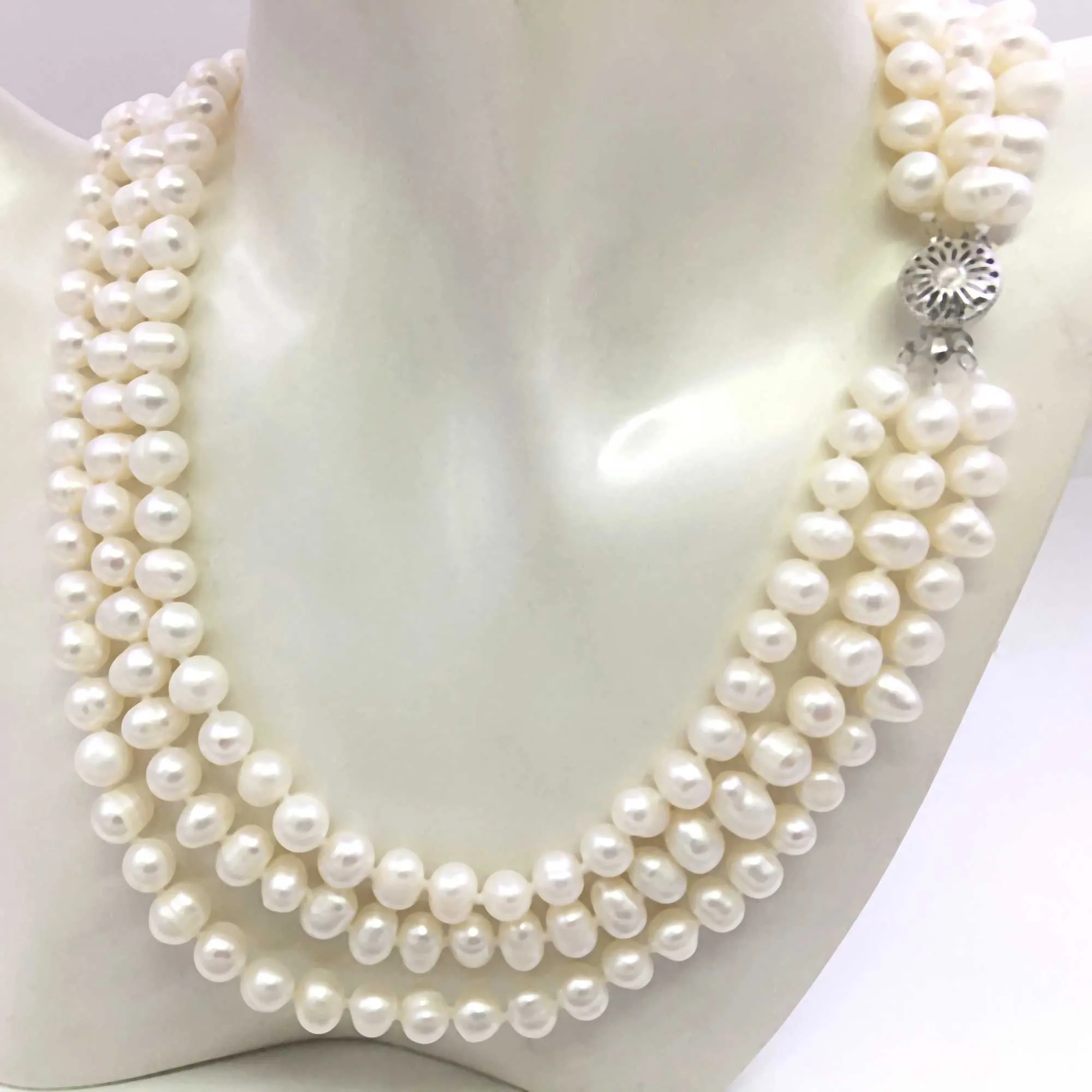 3 Rows 8-9mm White Akoya Shell Pearl Necklace with Copper Setting for ...