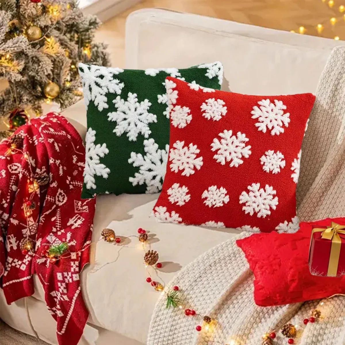 45x45 cm Federe per cuscini quadrati Natale Tartan scozzese Plaid Fodere per cuscini Letto Divano Pad Decorazioni per feste Fiocco di neve Fodera per cuscino  15