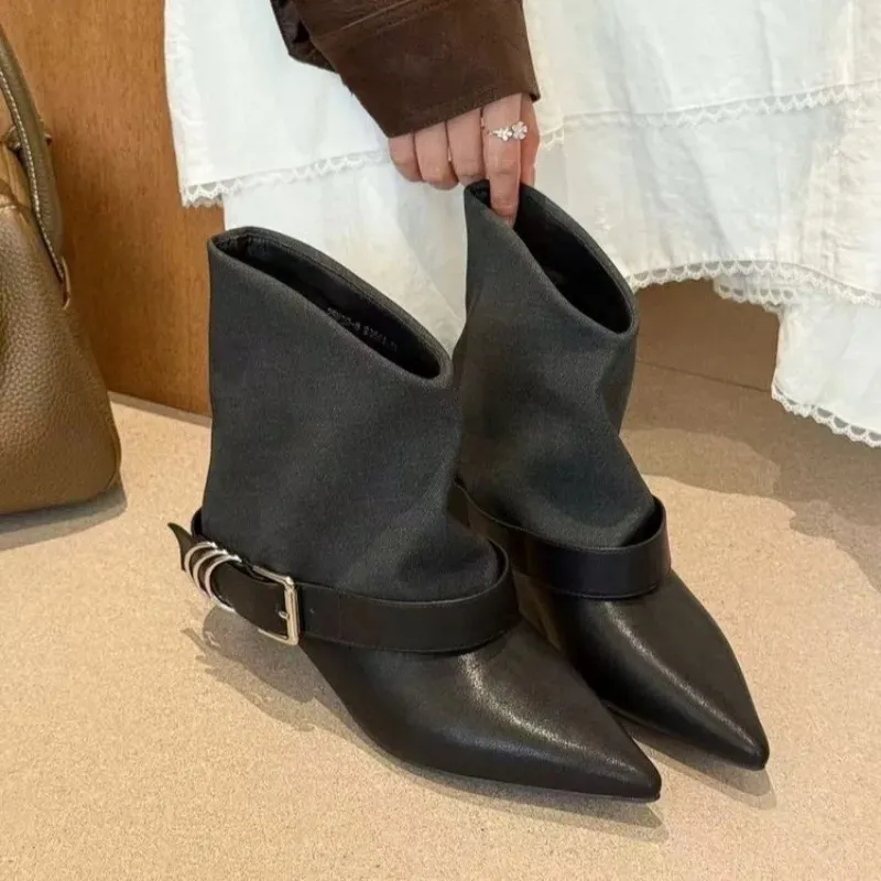 Vintage Brown Pointed Toe Colorblock Pant Booties Womens Low Heel Boots 251105_vogvips.com