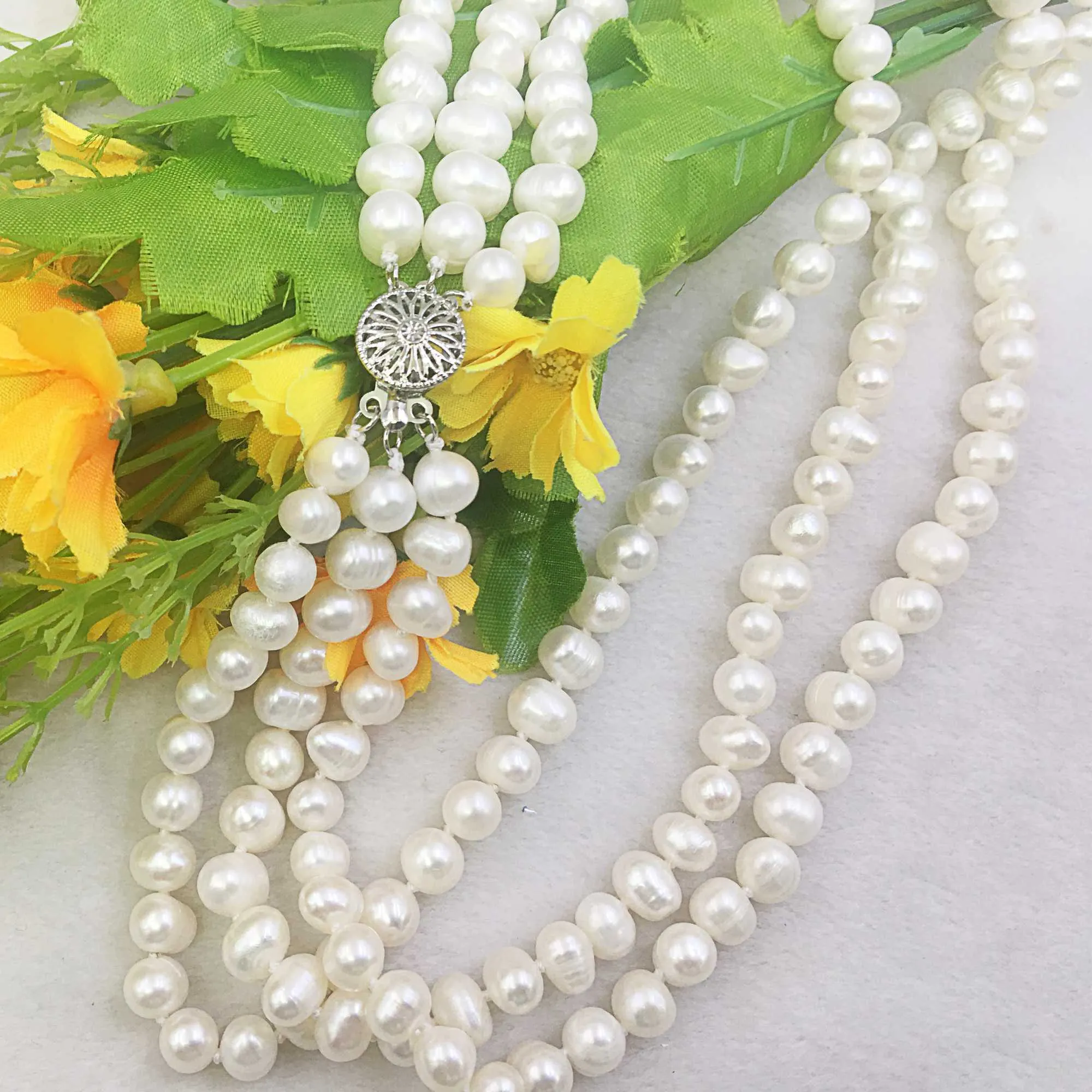 3 Rows 8-9mm White Akoya Shell Pearl Necklace with Copper Setting for ...