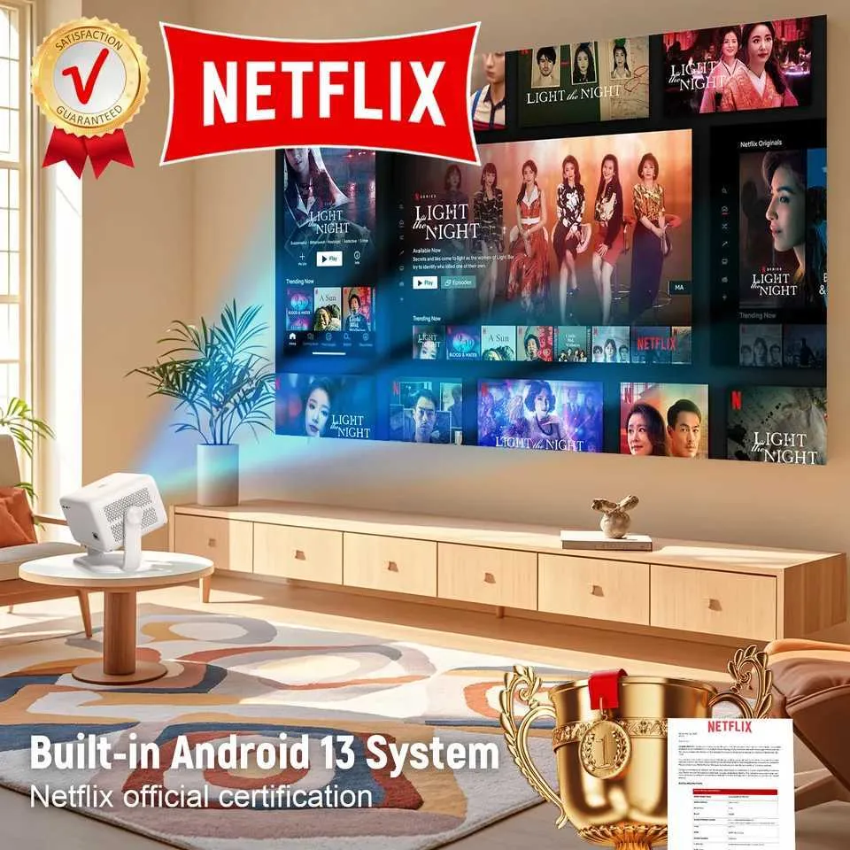 Videoproiettore 1080P 4K Con Android TV, Correzione Trapezoidale Automatica, Zoom 50-100%, WiFi 6 E Bluetooth 5.1 – Supporto 360°