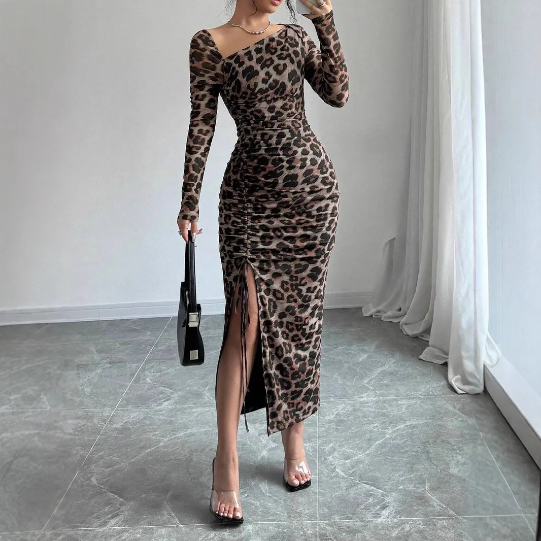 leopard bodycon dress long sleeve Modal Long-Sleeve Mini in Print - S The Anna Women Leopard Print Bodycon Maxi