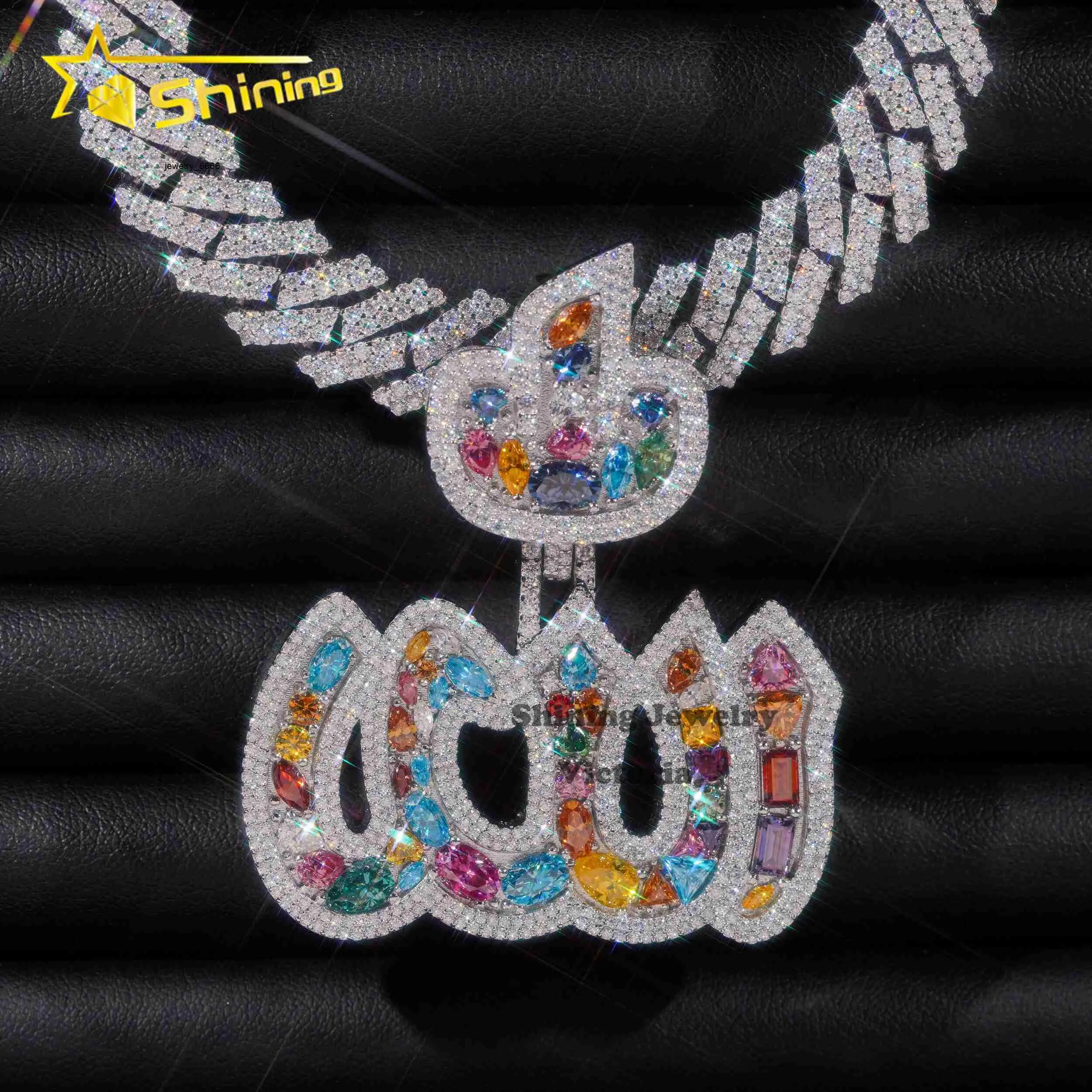 Joias personalizadas cravejadas de diamantes em prata 925, estilo hip hop, com 2 moissanitas VVS e diamantes coloridos, fogo, Alá._voghion.com