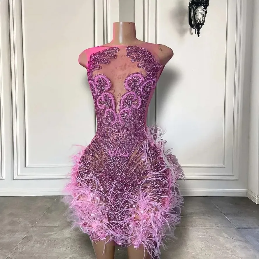 Stunning Sparkly Dia Women Birthday Party tail Gowns Sexy Sheer Pink Feather Mini Short Prom Dresses Classic 1115 Stunning Sparkly Dia Women Birthday Party tail Gowns Sexy Sheer Pink Feather Mini Short Prom Dresses Classic 1115