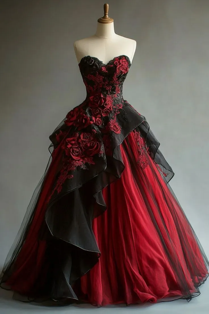 Vintage Gothic Gothic Wedding Dresses with Draped Black and Dark Red Flowers, Lace Appliques, Sweetheart Neckline, Sleeveless Corset, and A-Line
