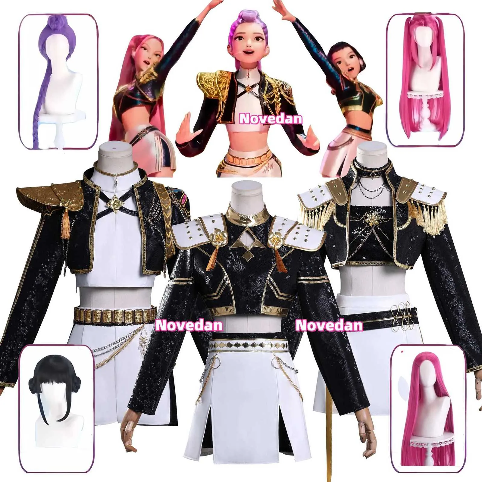 Huntrix KPop デーモンハンター コスプレウィッグ 女性用 黒と金色の髪