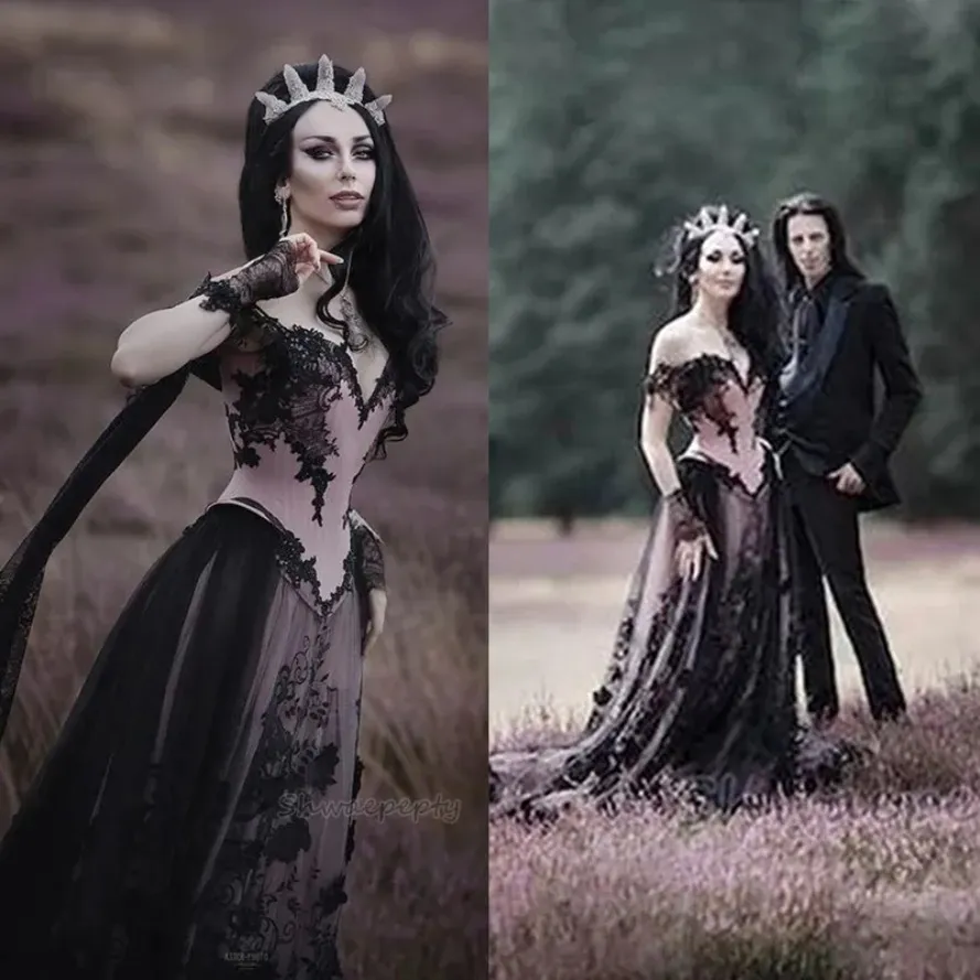 Dusty Pink And Black Gothic Wedding Dress Off The Shoulder Corset A Line Steampunk Bridal Gowns Lace Appliques Vintage Vestido de Novia Back Lace-up