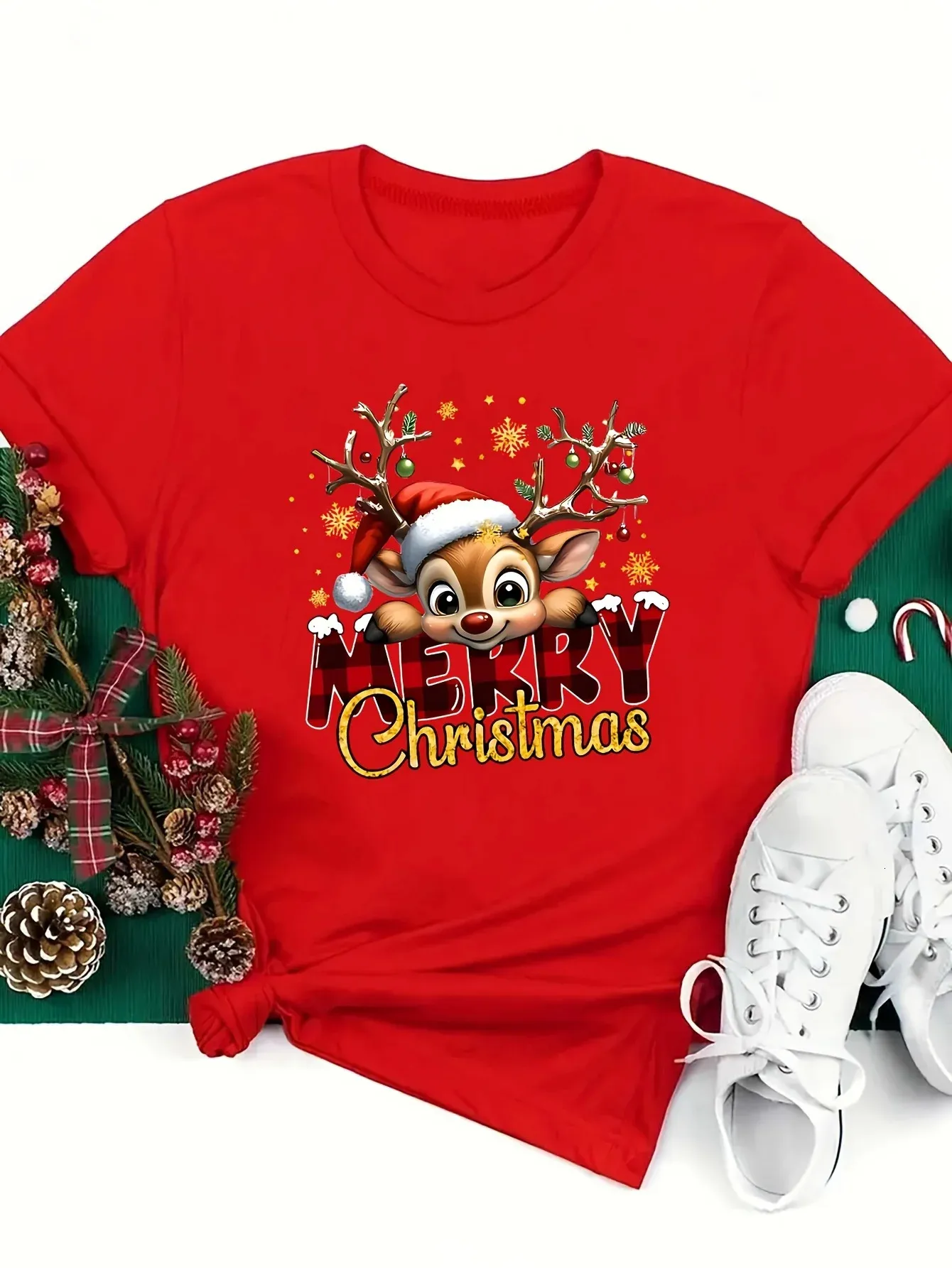 T-shirt De Noël à Manches Courtes Pour Femme – Col Rond, Imprimé Merry Christmas, Décontracté, Unisexe, Disponible En Plusieurs Tailles
