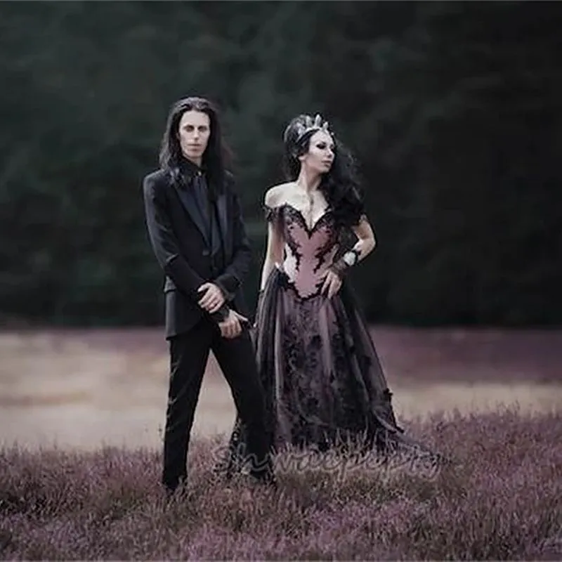 Vintage Gothic Off-Shoulder Gothic wedding dresses in Dusty and Black with Lace Appliques and Corset A-Line Silhouette Vintage Gothic Off-Shoulder Gothic wedding dresses in Dusty and Black with Lace Appliques and Corset A-Line Silhouette